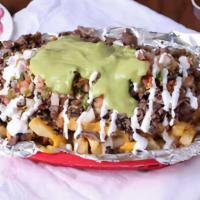 Asada Fries · Fries topped with nacho cheeses, meat, guacamole, pico de gallo and sour cream