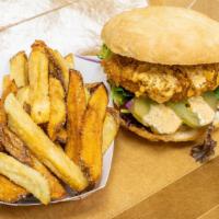 Fried Chicken Sandwich With Fries, Or Salad · Spicy chick-un made with wheat gluten seasoned batter and deep fried to a perfect crispness ...