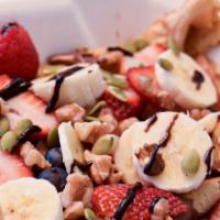 Fruits & Nuts · 33g protein. Banana, strawberries, almonds, walnuts, nutella, chocolate sauce, whipped cream.