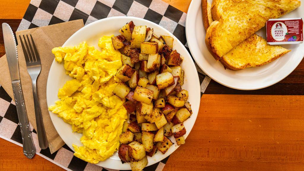 Z'S Early Riser · Two eggs any style with our signature hometyle potatoes and choice of toast or biscuits and gravy.