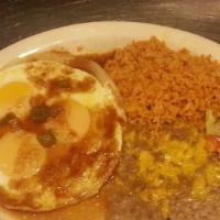 Huevos Rancheros · Three fresh eggs fried sunny side up, covered with Spanish sauce, rice, beans and tortillas.
