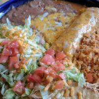 Combination #4 (Enchilada, One Bean Tostada And One Taco) · Rice and beans.