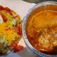 Combination #5(One Chile Relleno, One Enchilada With One Chalupa) · No rice and beans.