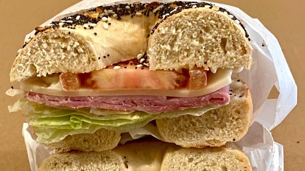 Ham & Swiss Cheese · Ham with mayo, lettuce, onion,  and tomato.