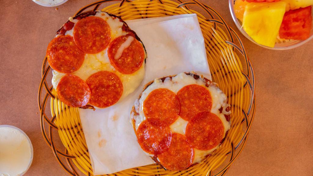 Pepperoni Pizza · Bagel with shredded mozzarella, pepperoni, and marinara sauce.