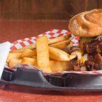 Campfire Cheeseburger · Topped with Swiss, Cheddar & Jack cheese, Bacon, Crispy Onion Ring and Slathered in BBQ sauce.