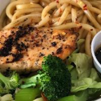 Salmon Teriyaki · Grilled salmon, served with rice or noodles of your choice, vegetables and topped with our d...