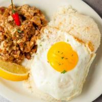 Pork Sisig · Minced pork belly, seasoned with lemon. Served with rice or garlic fried rice and egg.