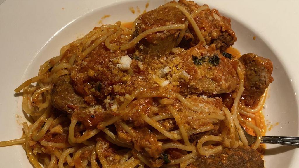 Spaghetti · meatballs, sausage, & marinara