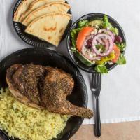Athenian Chicken Plate · Tender half chicken baked with lemon and Greek spices; served with rice pilaf or french frie...
