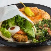 Falafel Plate · Vegetarian ~ Falafel sandwich served with a side of tabbouleh and hummus with grilled pita b...