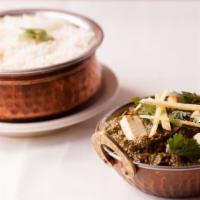 90) Saag Paneer · Finely chopped fresh spinach cooked in mildly spiced gravy with cubes of cheese.