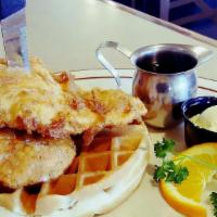 Jenn’S Buttermilk Chicken N’ Waffle · Served with Buttermilk fried chicken breast, served with a golden brown belgian waffle, whip...