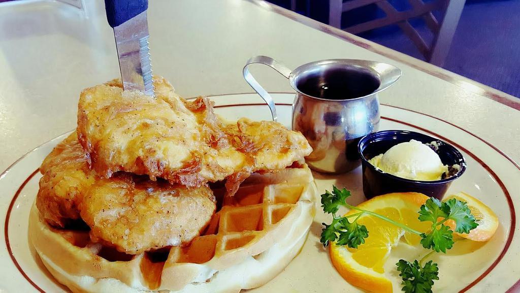 Jenn’S Buttermilk Chicken N’ Waffle · Served with Buttermilk fried chicken breast, served with a golden brown belgian waffle, whipped butter, and warm maple syrup.