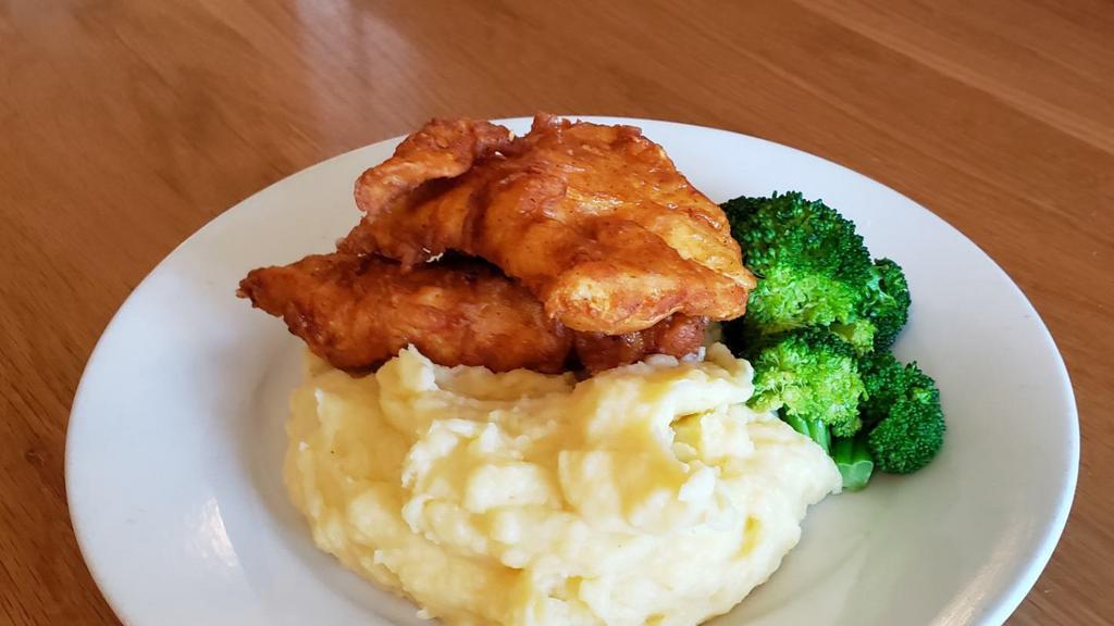 Grandma Banning'S Fried Chicken Dinner · FRESH DIPPED SEASONED AND BATTERED CHICKEN BREAST, DEEP FRIED TO A GOLDEN BROWN, SERVED WITH VEGETABLES AND SEASONED MASHED POTATOES