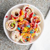 Tooty-Fruity · Strawberry base, fruity pebbles, strawberry wafer, raspberry drizzle.