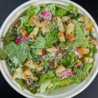 Vegan Caesar Salad  · Hydroponic brassica blend, watermelon radish, capers, vegan Parmesan, homemade sourdough cro...