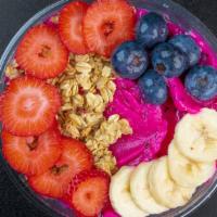 Dragon Fruit Bowl · Organic Pitaya blended with mangoes, pineapples, and coconut water, topped with organic hemp...