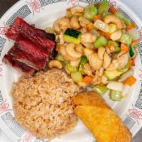 No 7 · cashew chicken, barbecued spareribs, egg roll, and rice