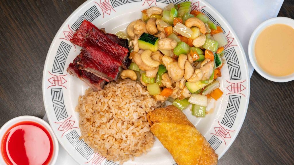No 7 · cashew chicken, barbecued spareribs, egg roll, and rice