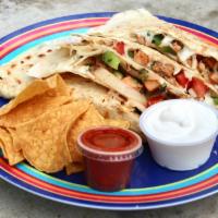 Classic Regular Quesadilla · Mozzarella cheese, pico de gallo, and choice of meat. Chips served on side.