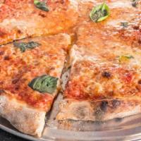 Round Cheese Pizza · Tomato sauce, fresh, and aged mozzarella, parm, and fresh basil.
