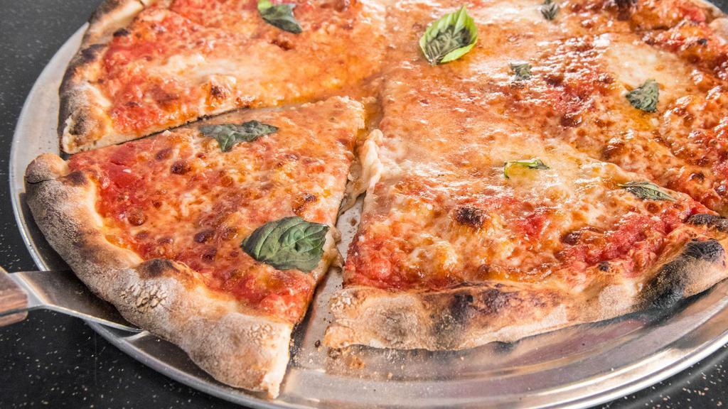 Round Cheese Pizza · Tomato sauce, fresh, and aged mozzarella, parm, and fresh basil.