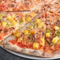 Round Weekend At Dino'S Pizza · Tomato sauce, fresh and aged mozzarella, Zoe's bacon, pineapple and house pickled jalapenos.