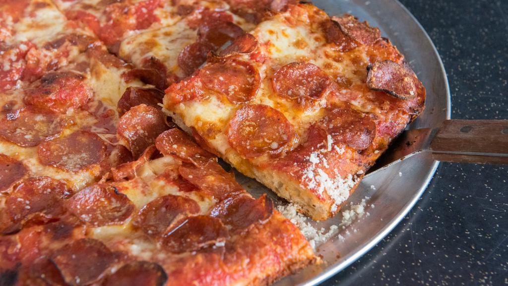 Square Pepperoni Pizza · Tomato sauce, fresh, and aged mozzarella, parm, and Zoe's pepperoni.