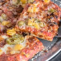 Square Weekend At Dino'S Pizza · Tomato sauce, fresh and aged mozzarella, Zoe's bacon, pineapple and house pickled jalapenos.