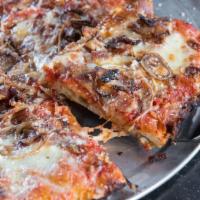 Square Bacon & Onion Pizza · Tomato sauce, fresh and aged mozzarella, Zoe's bacon and onions.