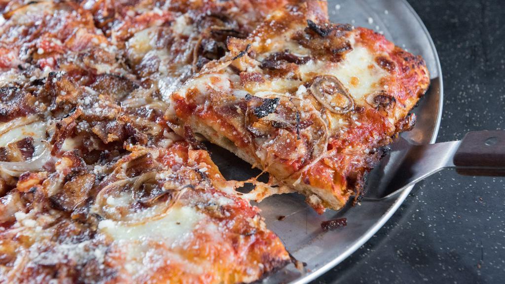 Square Bacon & Onion Pizza · Tomato sauce, fresh and aged mozzarella, Zoe's bacon and onions.