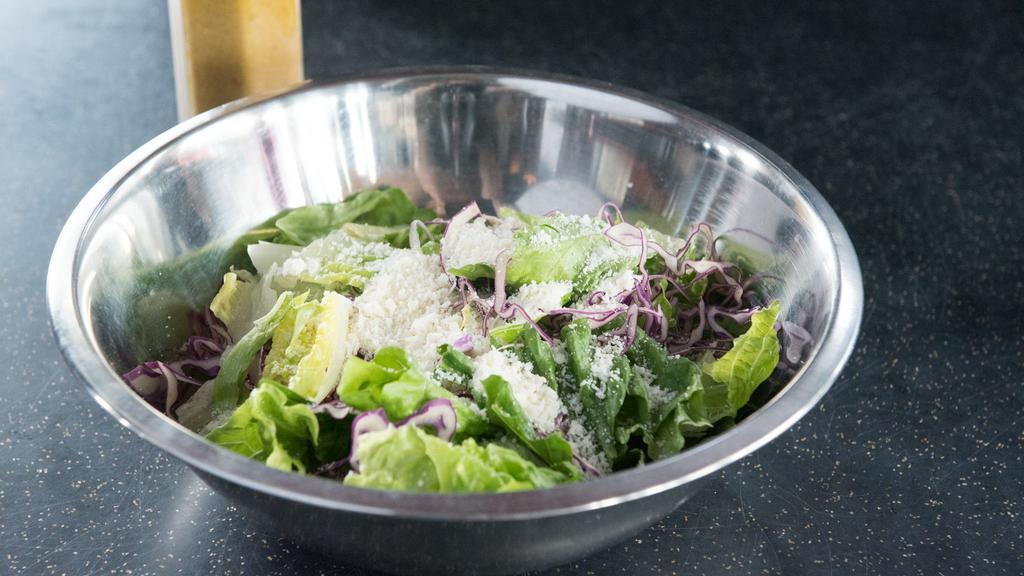 Regular Salad · Lettuce, red cabbage, parm, and dressing.