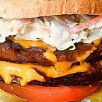 Pray 4 Me · Double stacked House made patties with house-made vegan cheeze, coleslaw, onions, tomato, pi...