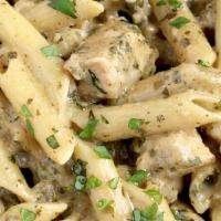 Creamy Pesto · a flavorful sauce made with our house made pesto* sauce and cream, chicken, organic: garlic,...