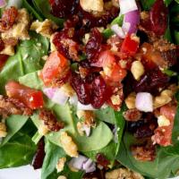 Spinach Salad Large · fresh spinach greens, dried cranberries, walnuts, red onions, bacon, tomatoes, & homemade ba...