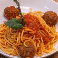Spaghetti Polpette · Spaghetti with homemade meatballs in a light marinara sauce.