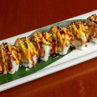 Dragon (8) · Shrimp tempura and salmon, topped with unagi and avocado, drizzled with unagi sauce and spic...