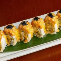 Trailblazer (8) · Shrimp tempura, crab salad and avocado, topped with spicy tuna, black tobiko and a sweet cre...