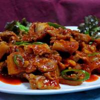 Spicy Stir Fried Pork Belly(매운 삼겹살 볶음) · Stir fried pork belly with vegetables in spicy sauce