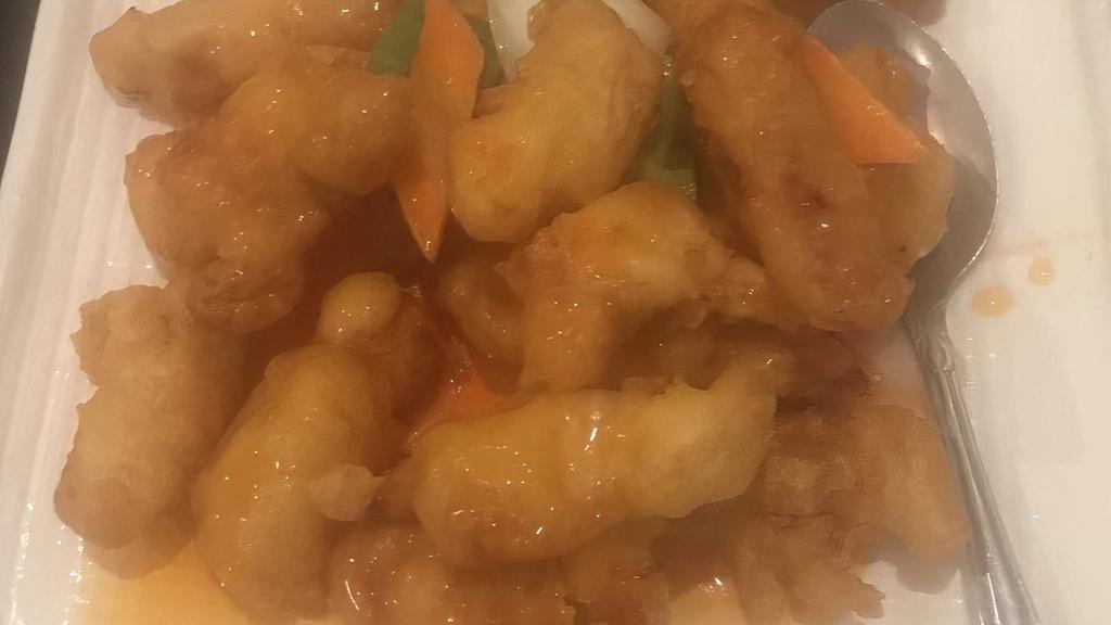 Sweet & Sour Chicken · White meat. Lightly battered chicken with pineapple, onions and bell peppers tossed in sweet and sour sauce.