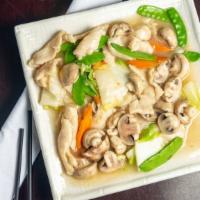 Moo Goo Gai Pan · White meat. Sliced tender chicken sauteed with mushrooms and Chinese vegetables in white sau...