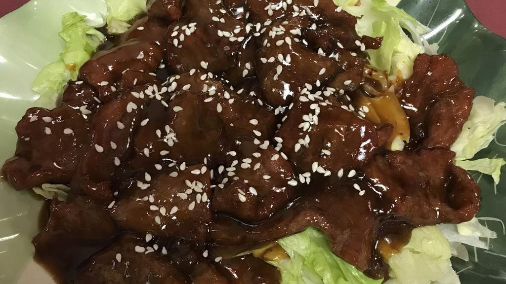 Teriyaki Beef · Beef covered in a mixture of soy sauce, brown sugar, ground ginger, garlic powder and honey.