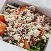 Small Greek Salad · Spring mix, red onions, diced tomatoes, kalamata olives & feta cheese (feeds 1-2)