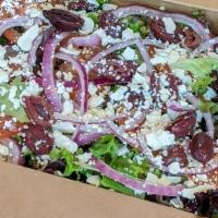 Large Greek Salad · Spring mix, red onions, diced tomatoes, kalamata olives & feta cheese (feeds 2-3)
