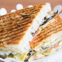 Grilled Eggplant · Mozzarella Cheese and Grilled Eggplants with Artichoke Hearts, Tomatoes, and Arosa's Pesto S...