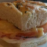 Breakfast Black Forest Ham · Egg, honey-cure black forest ham with mozzarella cheese. On a Ciabatta bread.