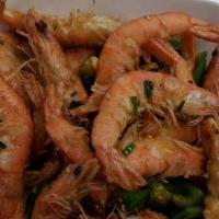 Salt Baked Jumbo Shrimp · Whole shelled jumbo shrimp salt tossed in five spices. Served with steamed rice.
