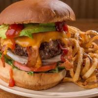 The Wrangler · Our famous fresh, never frozen, 1/3 or 1/2 lb. burger topped with lettuce, tomato, pickles, ...