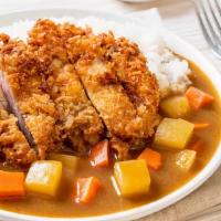 Curry Chicken Katsu · Golden fried chicken breast in pankos, topped with katsu curry and served with rice.